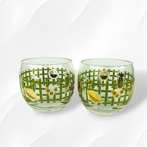 Culver Roly Poly Glasses Set of 2 HTF Green Lattice Gold Fruit MCM Barware
